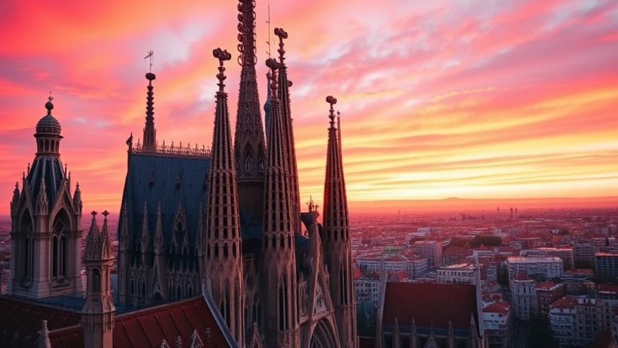 Sagrada Familia at sunset with vibrant Barcelona cityscape.
