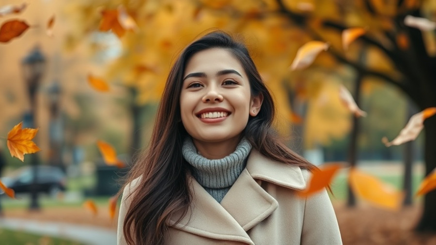 Happy woman enjoying autumn leaves in the park, science says you are happier than you think.
