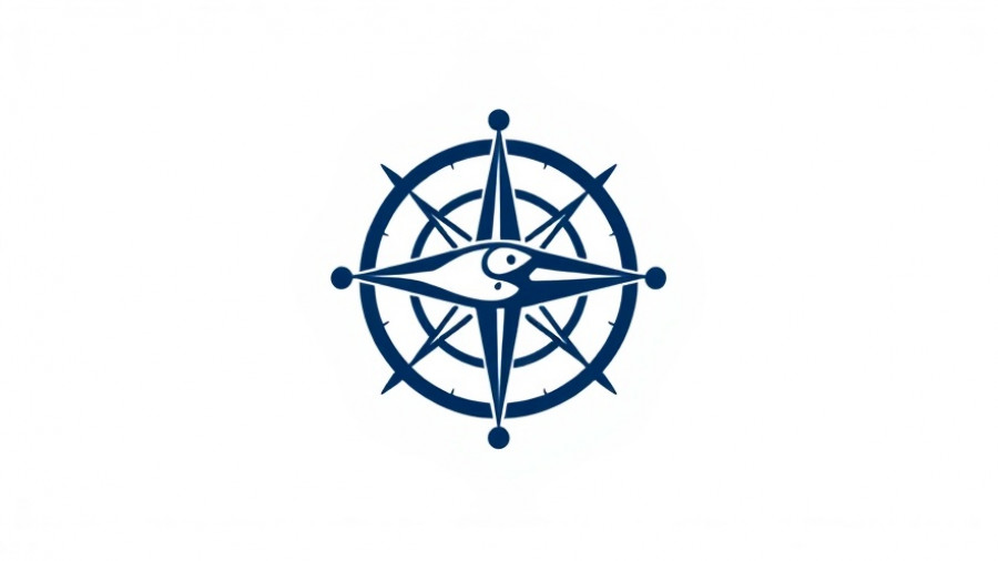 Navy and white logo with compass and fish motif design