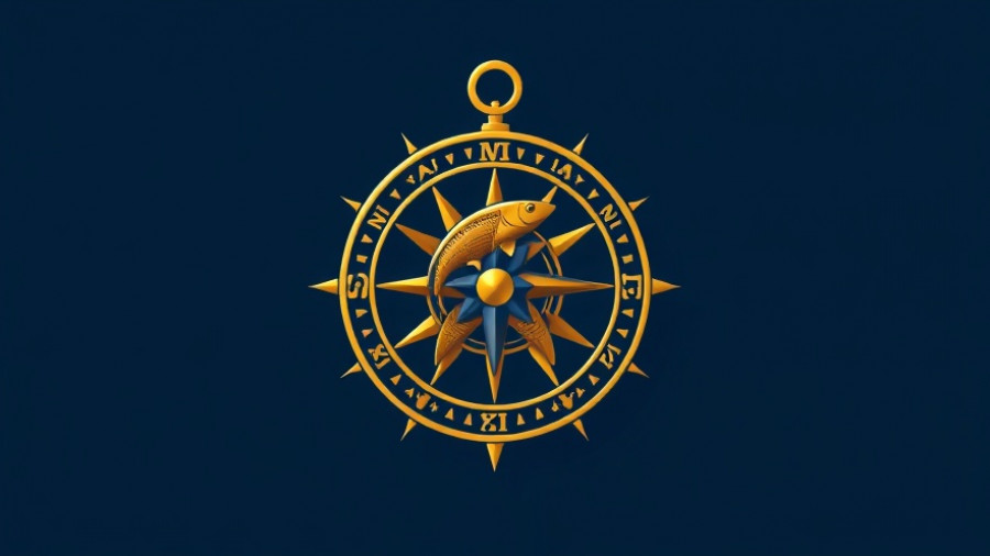 Stylized compass logo with gold fish details.