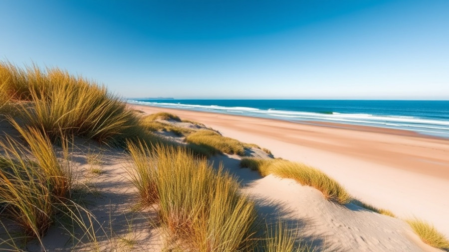 Stunning coastal view of UK beach with dunes and blue sky.