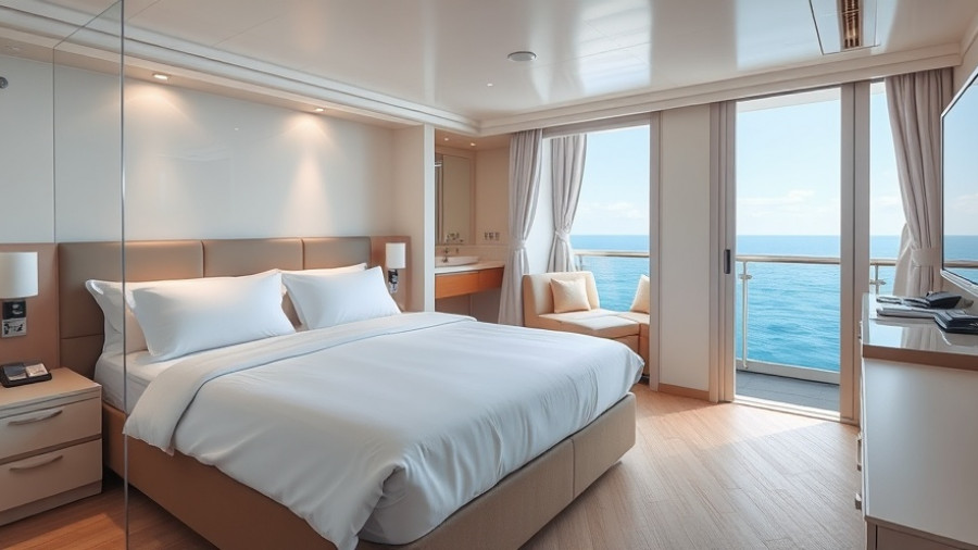 Spacious modern cruise cabin with ocean view balcony and bathroom.