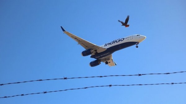 IndiGo airplane flying over barbed wire with a bird, blue sky background.