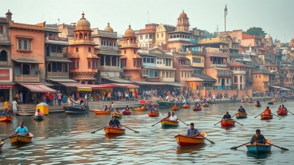 Vibrant view of Varanasi ghats, part of a Varanasi travel guide.