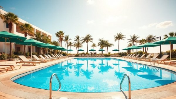 Inviting hotel pool under sunny sky with umbrellas and loungers.