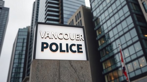Vancouver Community Policing Centre sign on building with skyscrapers.