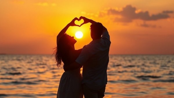 Silhouette couple forming heart at sunset on beach, unique honeymoon ideas.