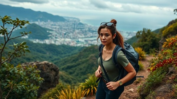 Woman hiking down a lush mountain trail, scenic city view, Staying Fit While Traveling.