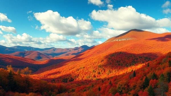 Scenic mountain landscape with autumn colors under blue sky.
