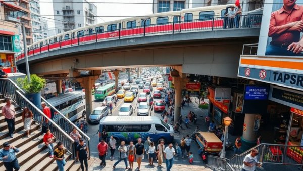Busy Bangkok street scene with traffic under skytrain, highlighting urban vibe.