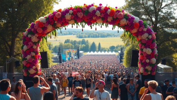 Colorful entrance at EDM festival USA with festive crowd.