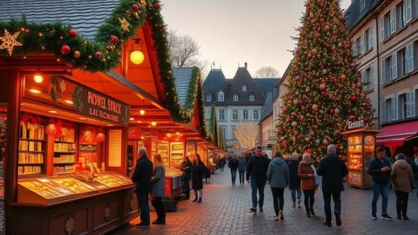 Festive scene of Alsace Christmas markets with decorated stalls and a Christmas tree.