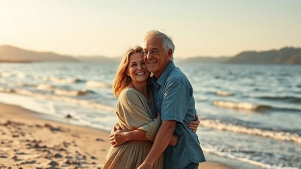 Multigenerational family vacation, embracing on sunny beach.