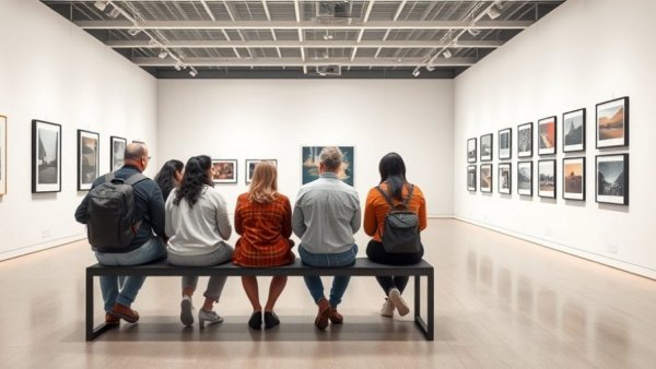 Casual visitors observing artwork in a bright gallery.