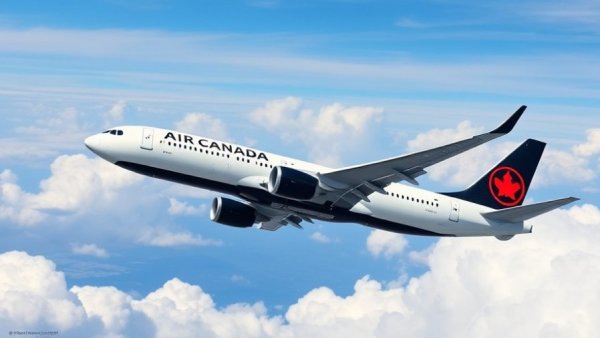 Air Canada airplane mid-flight in clear blue sky