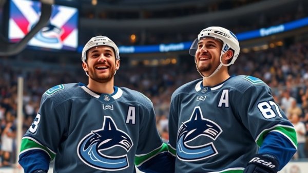 Celebrating Vancouver Canucks players in vibrant stadium lighting.