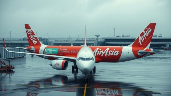 AirAsia flight cancellations due to Super Typhoon Uwan, plane on wet tarmac.