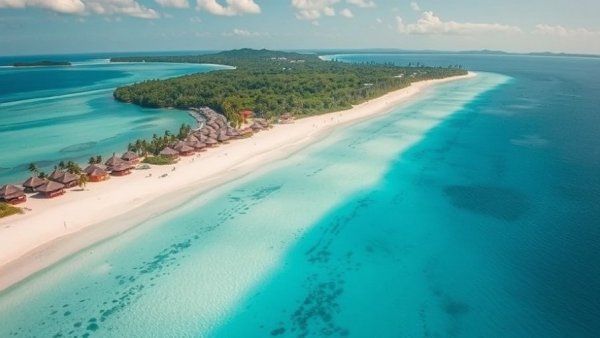 Aerial view of Cebu Island beach with colorful huts and clear water.