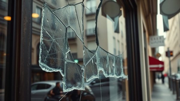 B.C. extortion timeline: damaged cafe window with broken glass.