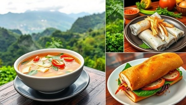 Vietnamese cuisine collage with pho, spring rolls, and banh mi.