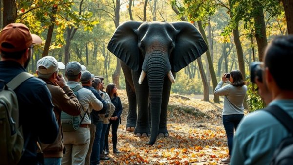 Travelers witnessing an elephant in the wild, showcasing the transformative power of travel.