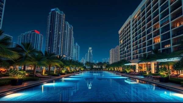Pan Pacific Singles Day Sale - Luxurious urban resort pool at night.