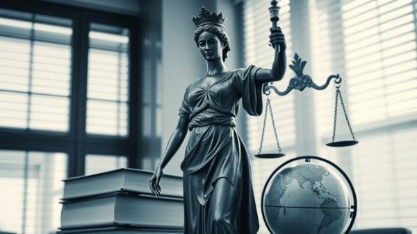 Lady Justice statue with books and globe; credit card insurance benefits theme.
