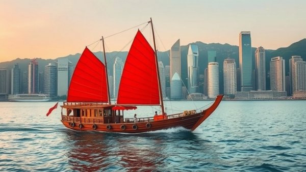 Traditional junk boat in Hong Kong's Victoria Harbour, skyline view.