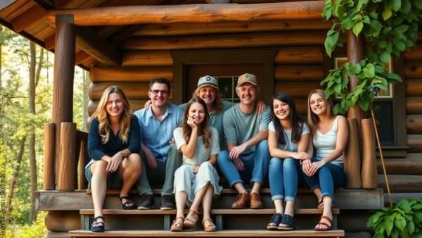 Friends smiling on cabin steps during outdoor adventure.