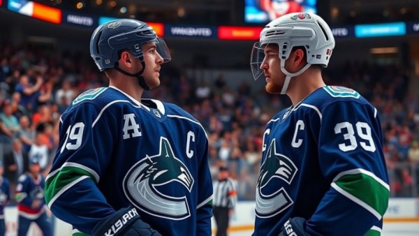 Vancouver Canucks players discussing tactics on ice, game in progress.