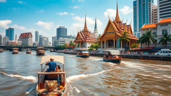 Bangkok travel tips: temple by the river with boats and cityscape.