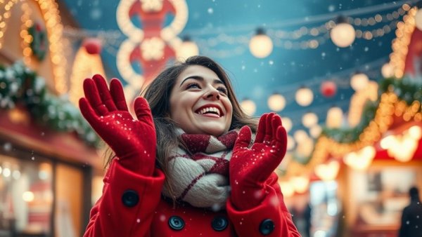 Woman enjoying snowfall at Christmas market, festive atmosphere