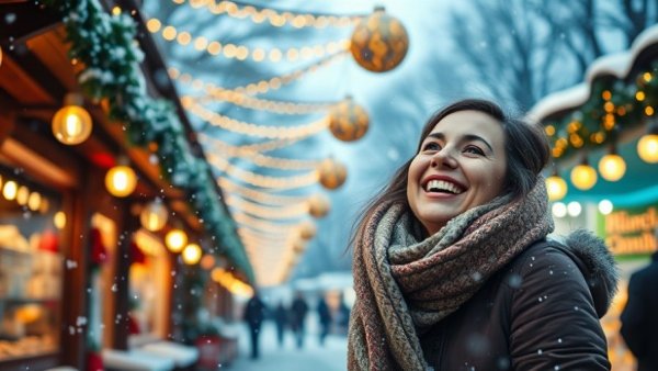 Woman enjoying snow at Christmas market, packing essentials for winter.