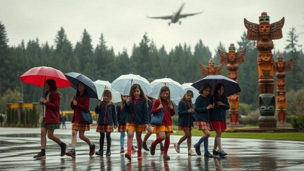 School children with umbrellas walking in rain near totem poles in Vancouver park.