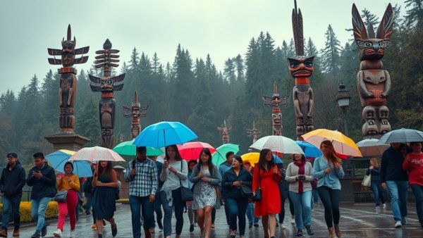 People with umbrellas in a park with totem poles during rain, depicting B.C. coastal flooding.