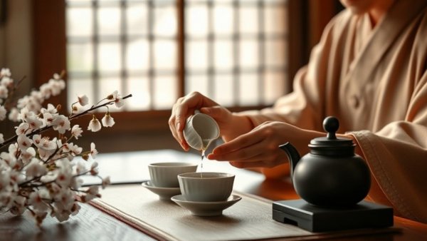 Japanese tea ceremony highlighting Japan travel etiquette tips with cherry blossoms.