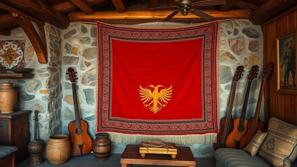 Traditional Albanian decor in rustic setting for Albania travel guide.
