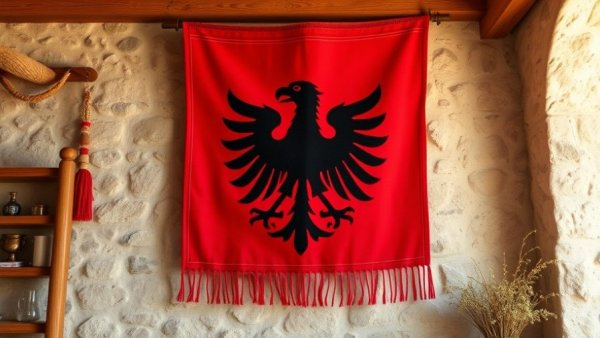 Albanian woven fabric decor on stone wall, showcasing heritage.