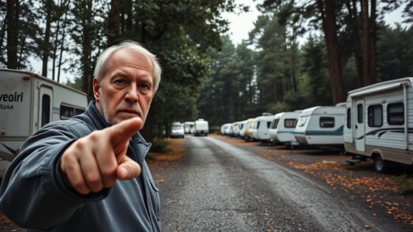 Middle-aged man pointing at trailers on Salt Spring Island.
