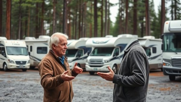 Middle-aged man points towards RVs on Salt Spring Island, illustrating housing crisis.