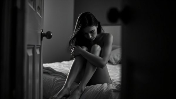 Distressed woman sitting on bed through ajar door, B.C. housing crisis and domestic violence.