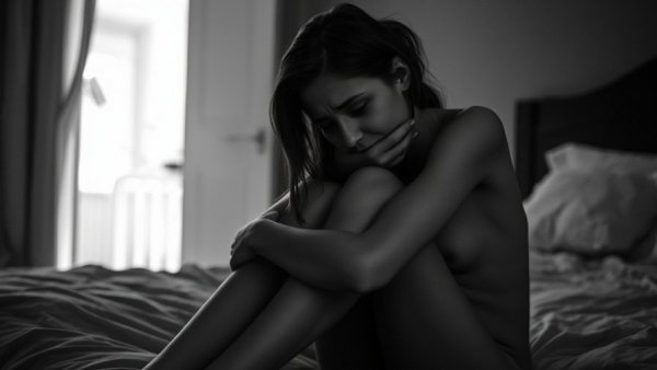 Distressed young woman hugging knees on bed in moody black and white.