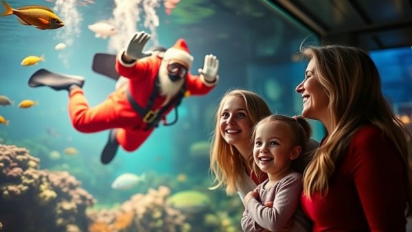 Mother and daughter at Vancouver Aquarium Holiday Splash watching diving Santa.