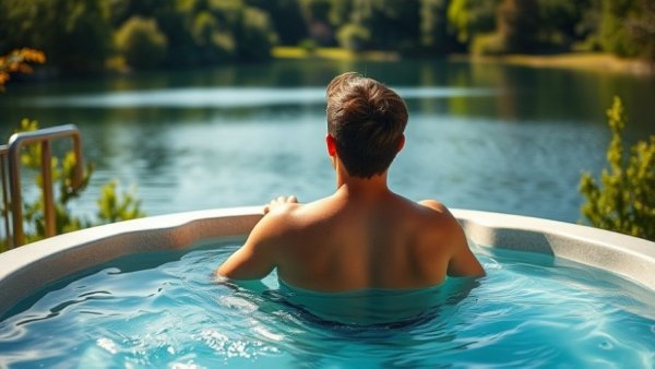 Person relaxing in spa pool at Sensea Nordic Spa Chester surrounded by nature.