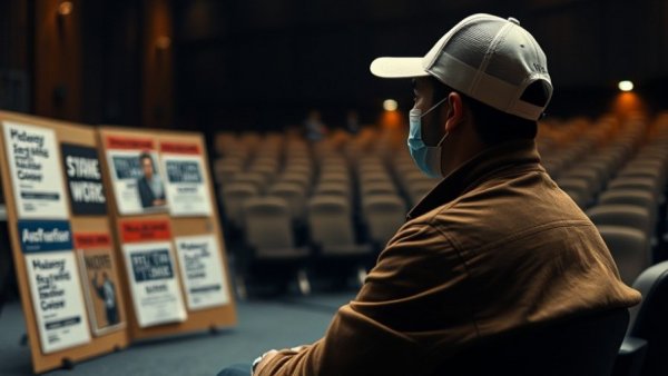 Dimly lit auditorium scene highlighting Surrey extortion crisis.