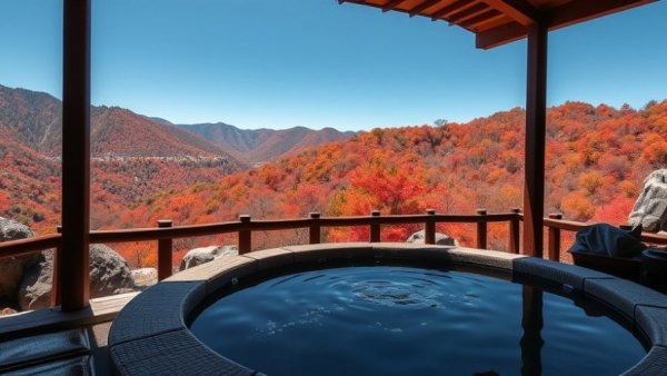 Traditional onsen bath with scenic autumn mountain view during cultural immersion trips.