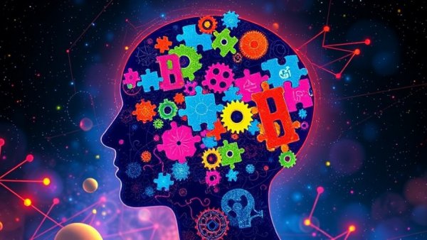 Vivid illustration of a head silhouette with cognitive symbols