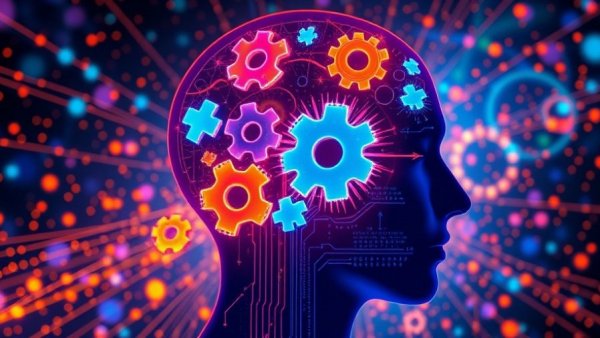 Abstract neon silhouette of head symbolizing psychological biases and decision making.