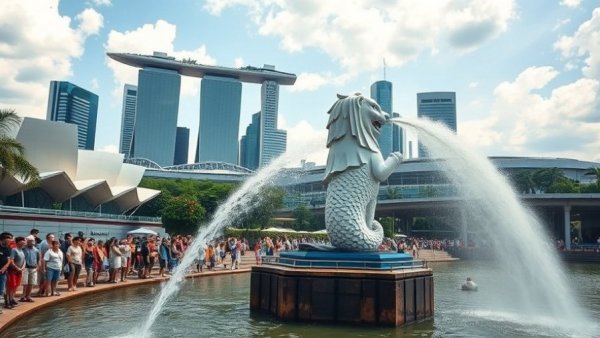 Bustling scene at Singapore's Merlion Park, showcasing budget travel.
