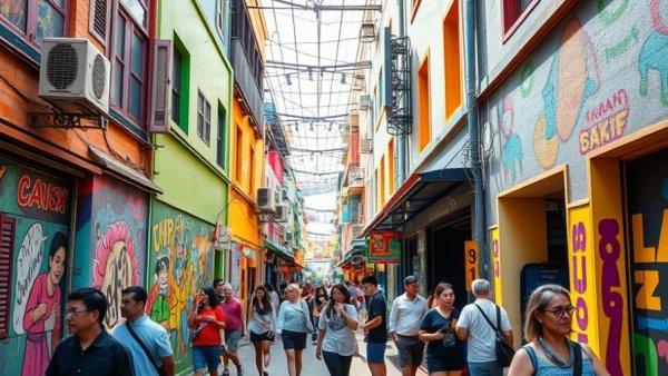Colorful mural alley in Singapore with people enjoying the vibrant street scene.